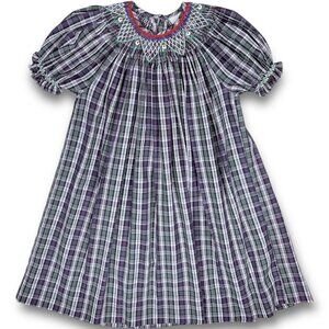 Remember Nguyen Girls Floral Embroidered Plaid Bishop Smocked Dress 2T